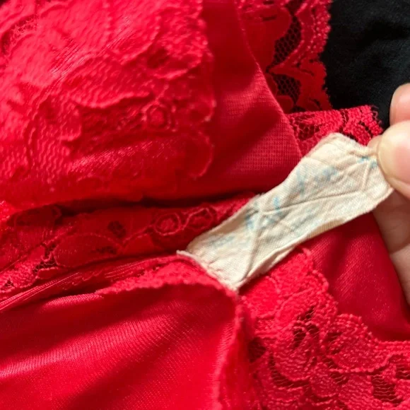 Vintage Red Lace Trim Silky Tank Slip Lingerie Dress - Picture 5 of 5